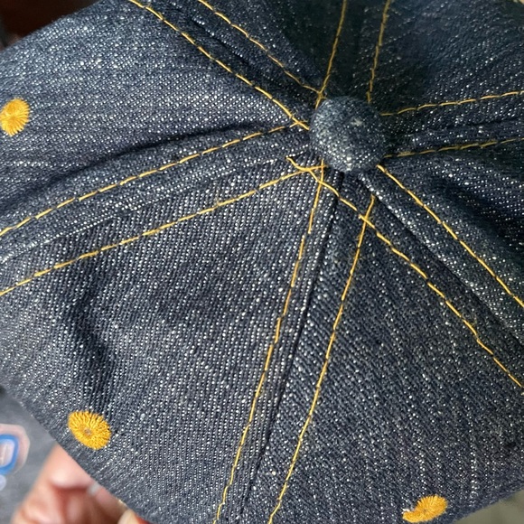 Chain Embroidery Denim Cap in Indigo Blue – Blue Owl Workshop Cabo Denim Baseball Cap with Gold Embroidery